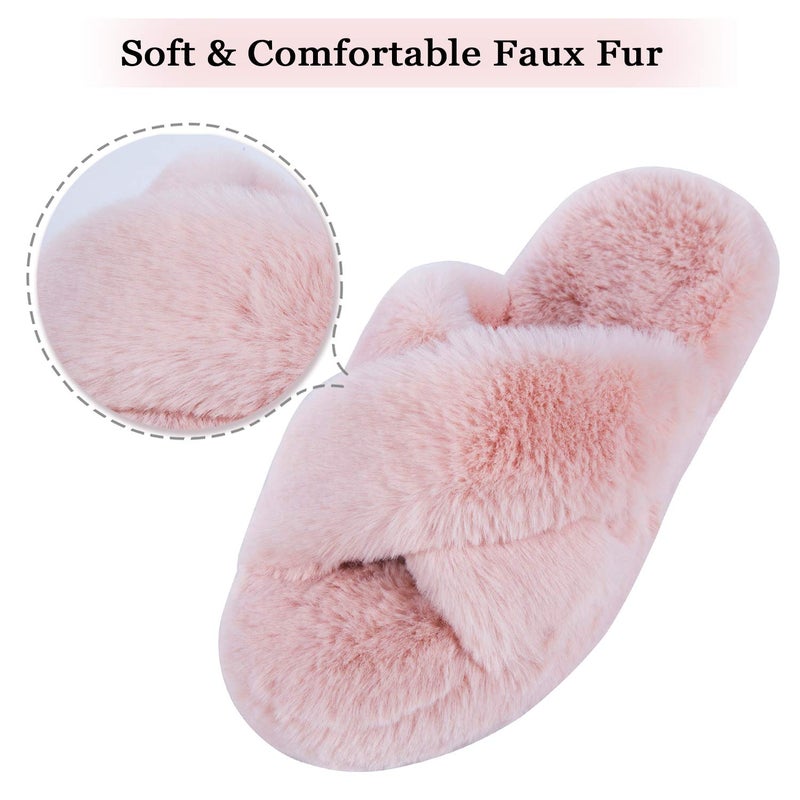 DL Fluffy Women's House Slippers - Cross Band, Open Toe, Soft Plush Fleece Bedroom Slippers, Comfy Fuzzy Non-Slip Slip On Womens Indoor Pink Gray Black White - Image 2